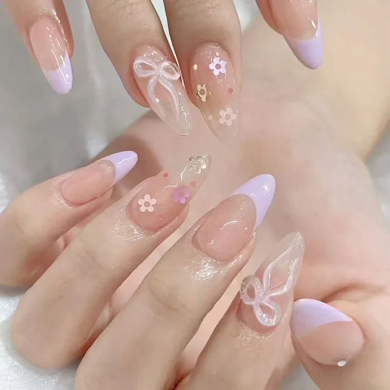 24 pçs doce legal unhas falsas amêndoa imprensa em unhas lua espumante estrelas unhas falsas cobertura completa francês wearable manicure dicas de unhas