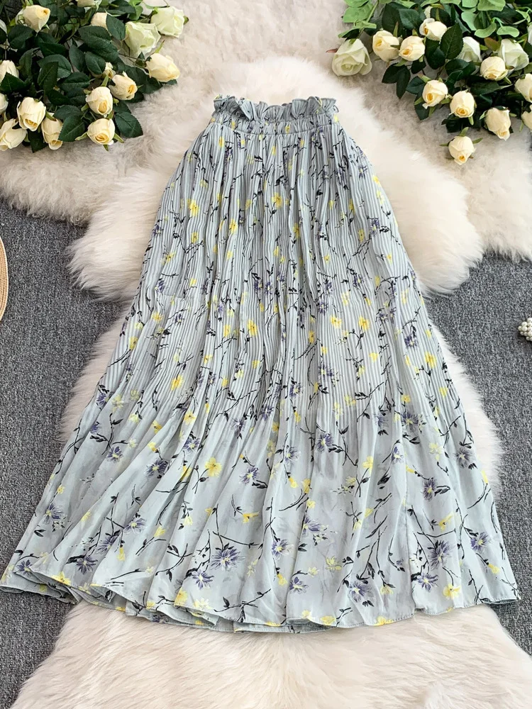 

Light Blue Casual High Waist Pleated Floral f-length Skirt Women's 2025 New Small Size A-Line Midi Skirt