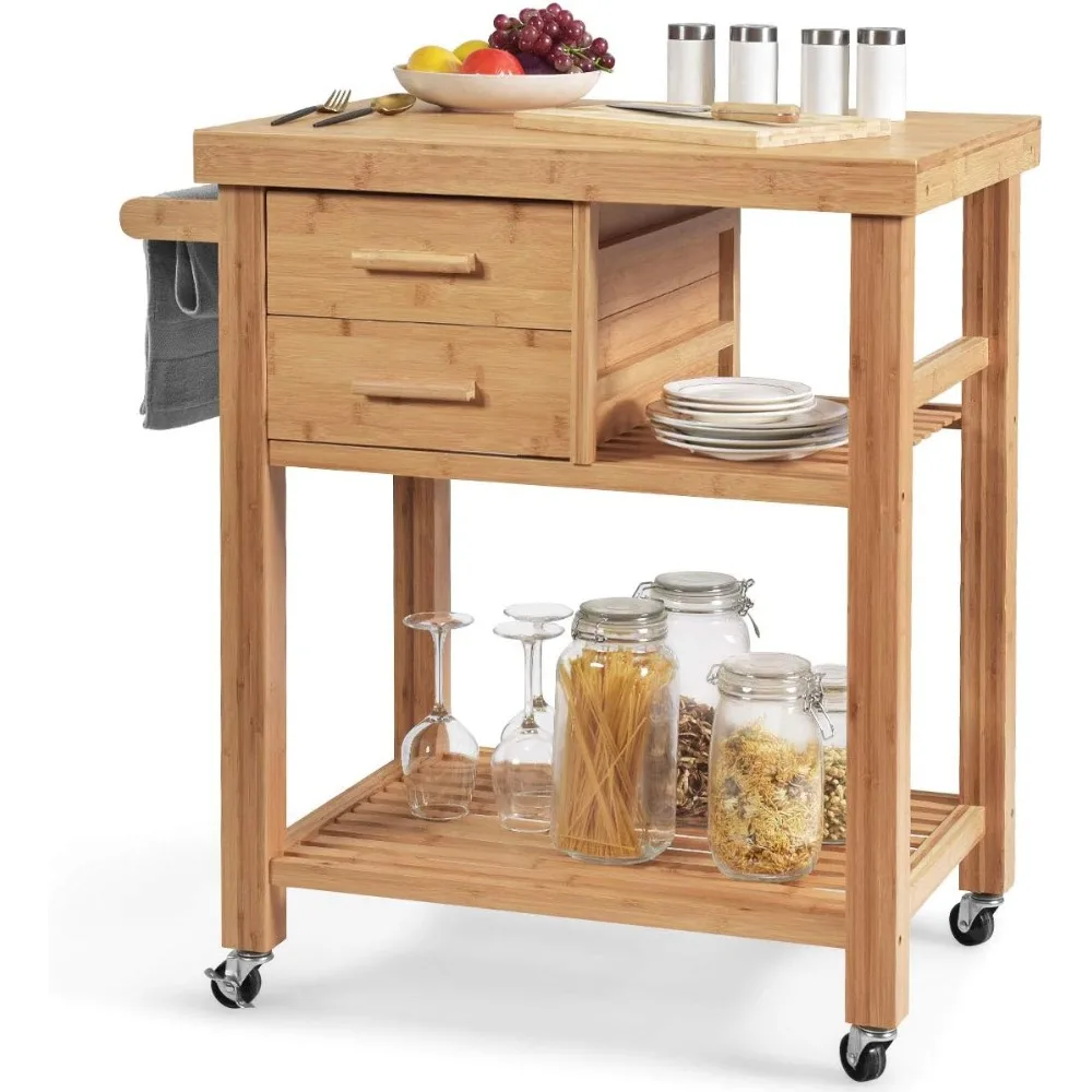 عربة مطبخ دوارة من الخيزران مع درجين، وبار المناشف، وعجلات العجلات