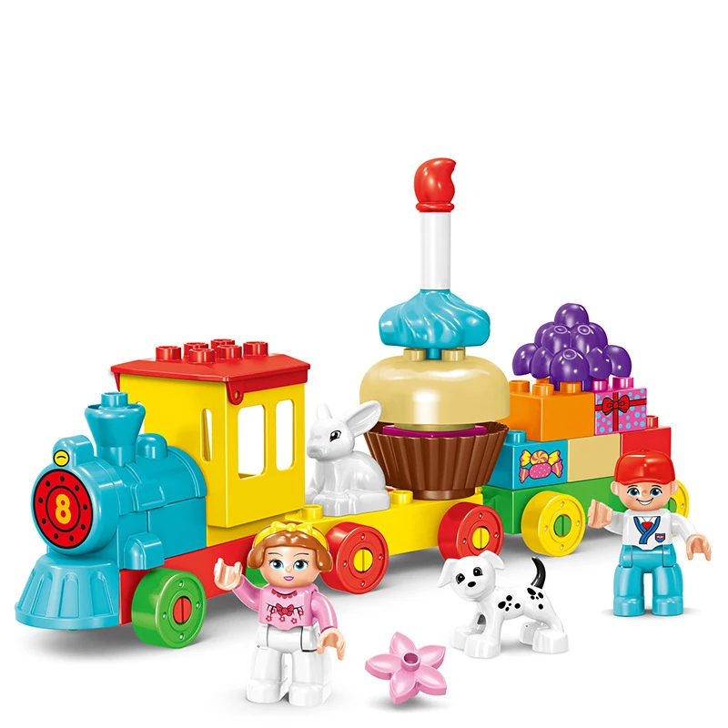 58 개/대 크리 에이 티브 생일 축하 케이크 기차 대형 입자 빌딩 블록 어린이를위한 조기 교육 퍼즐 장난감 크리스마스 선물