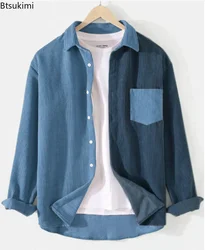 Neue 2024 Herren Patchwork Cord Langarmhemd Frühling Herbst lässig Kontrast farbe Harajuku Shirt Männer Ropa Hombre Camisa