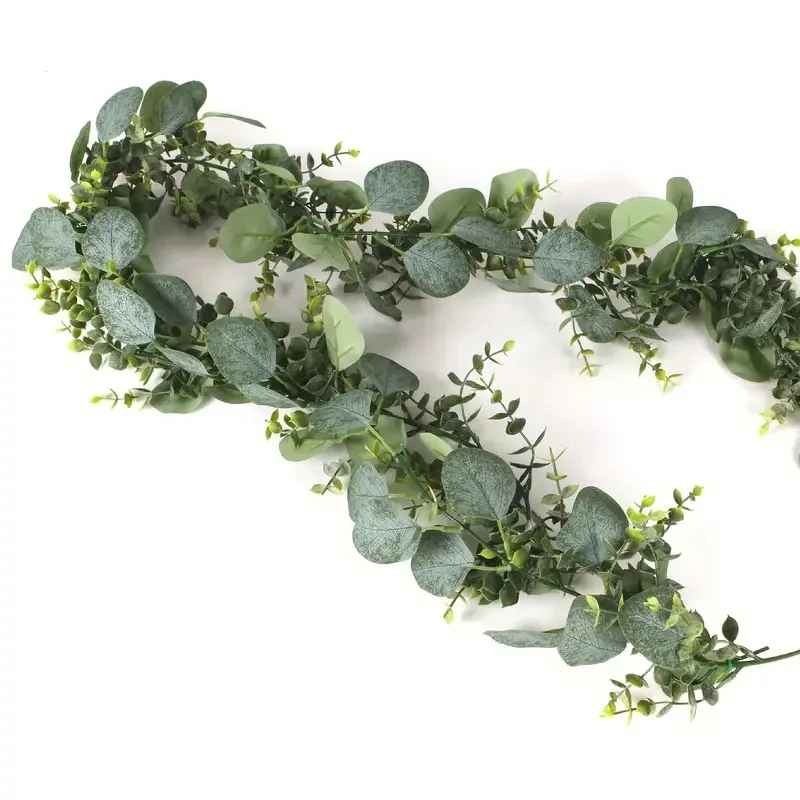 1 Stück künstliche Eukalyptusblätter, grüne Girlande, künstliche Pflanzen, Frühlingsreben mit weißen Blumen, Beeren für Hochzeit, Zuhause, Party, Deko – Detail 6