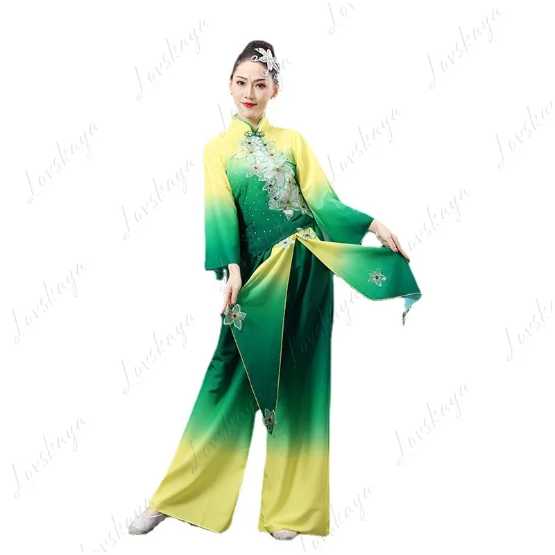 

Классический танцевальный костюм - струящийся китайский танцевальный наряд с веером-зонтиком - квадратный танцевальный комплект для взрослых