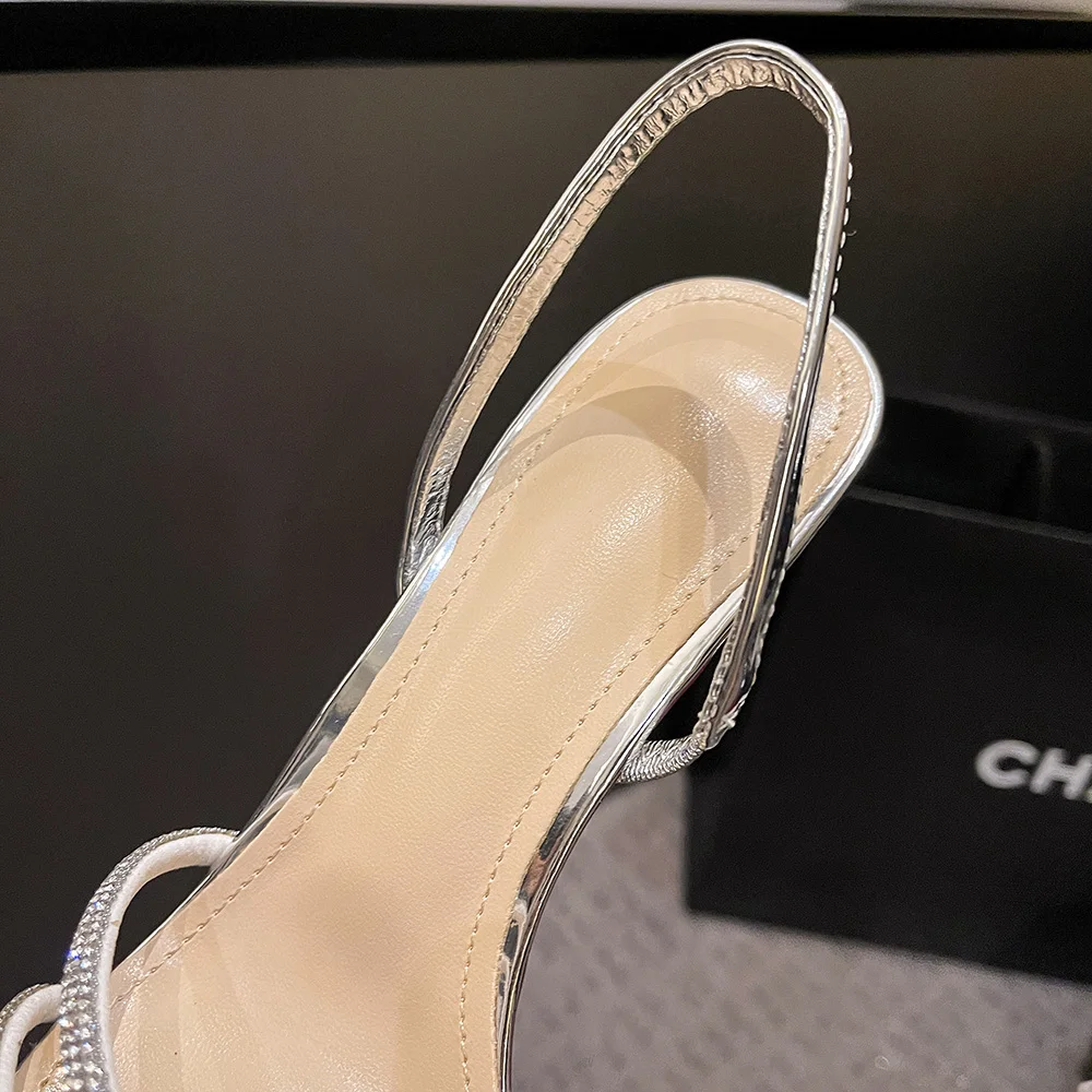 CHMURY-Sandalias de tacón fino para mujer, zapatos de boda con diamantes de imitación de cristal plateado, bandas estrechas, tira trasera, 8cm,