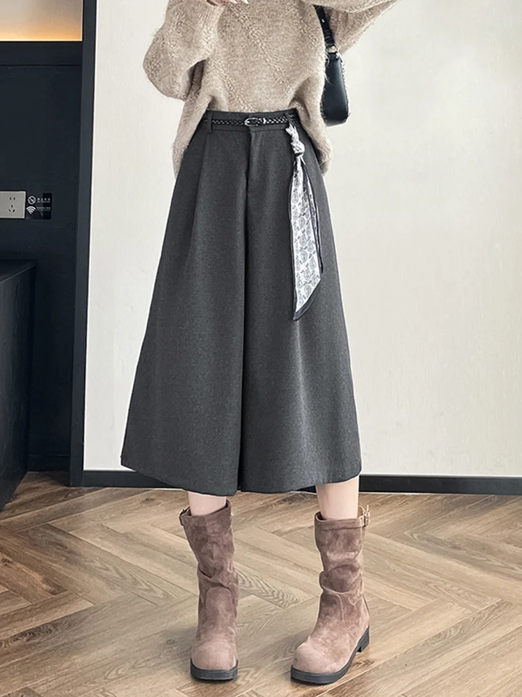 

Шерстяные брюки с высокой талией и широкими штанинами для женщин, повседневные прямые брюки, осенне-зимние новые свободные брюки, визуально стройнящие фигуру