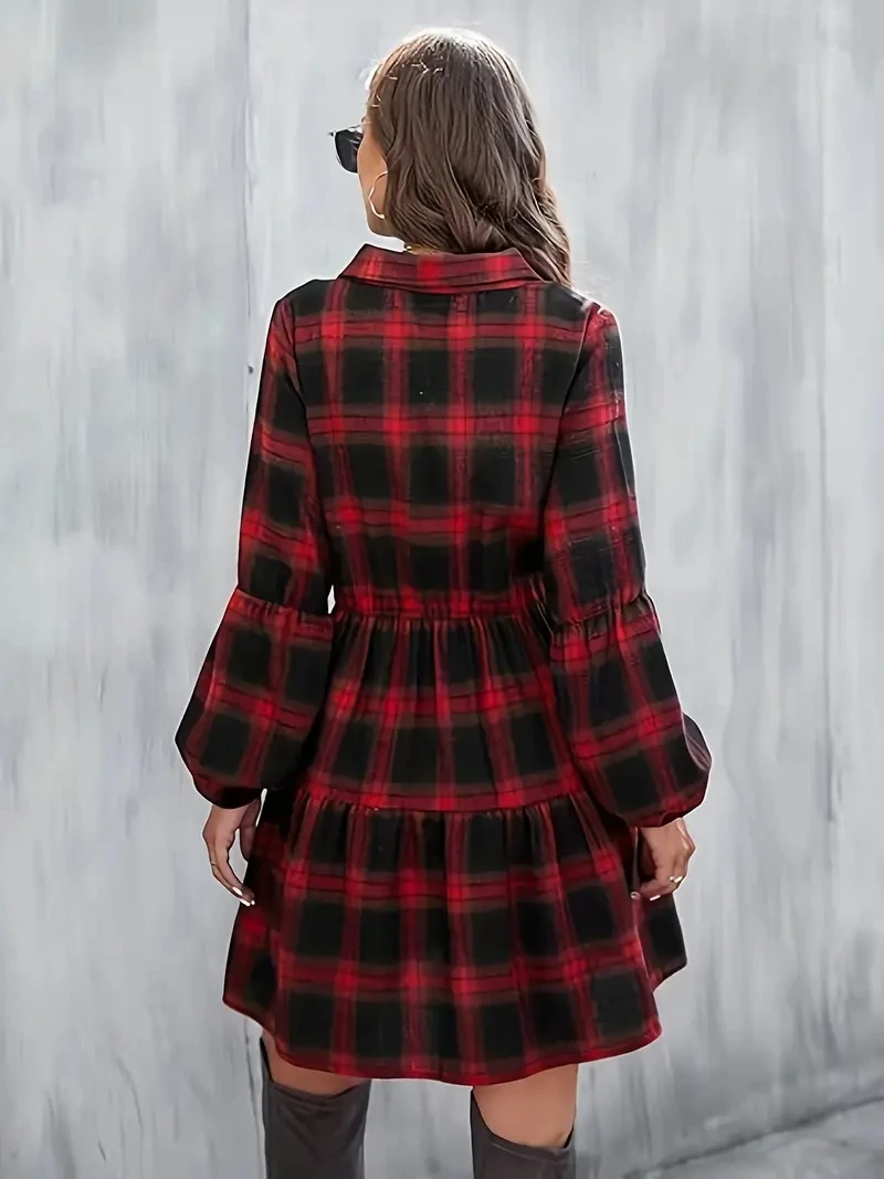 Plaid Print Button Front Dress, Elegant Lantern Long Sleeve DressWomen's Clothing