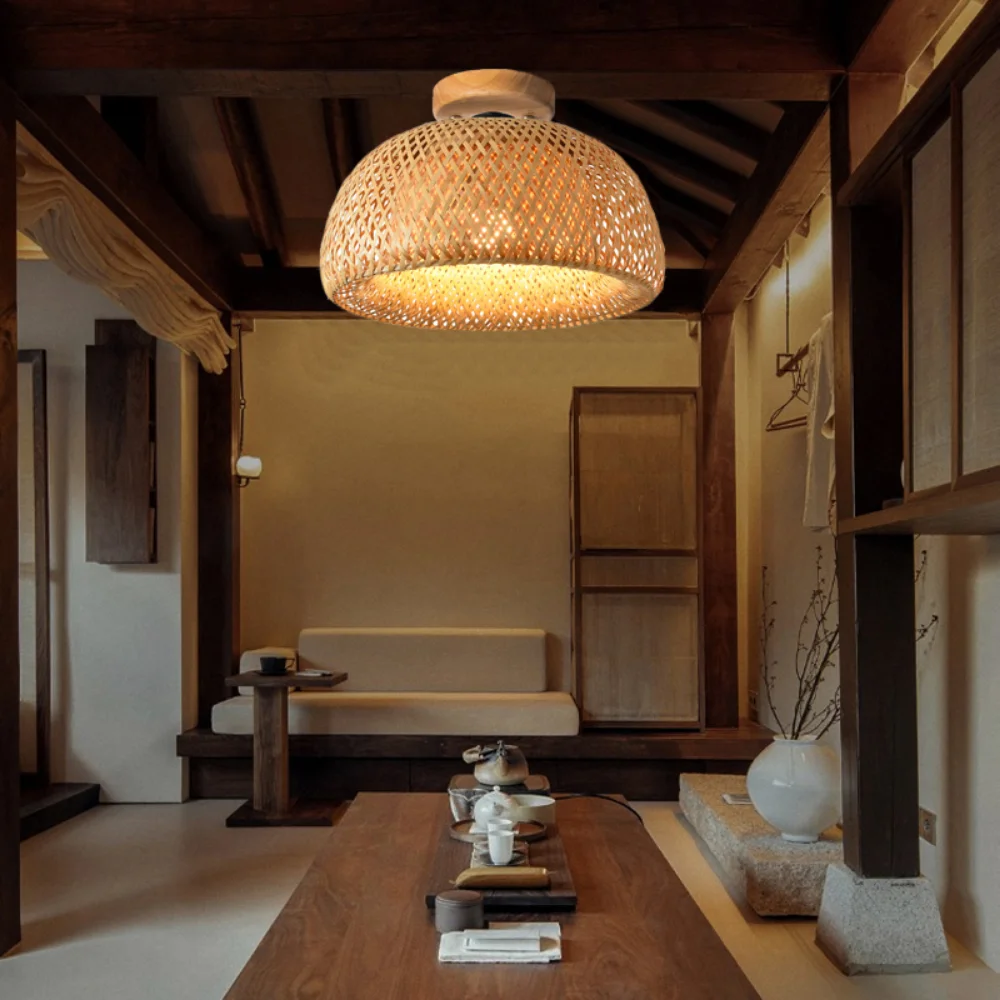 Modern Simple Bamboo Ceiling Lights Chinese Style Hand Woven E27 Cover Lamps for Living Room Dining Room Lighting Home Deco
