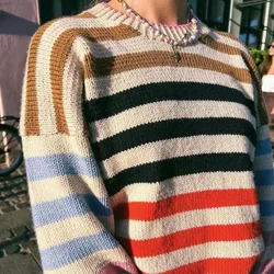 Autumn and Winter Women's Pullover Round Neck Loose Contrast Stripe Long Sleeve Thickened Sweater Fashion Casual Commuter Tops