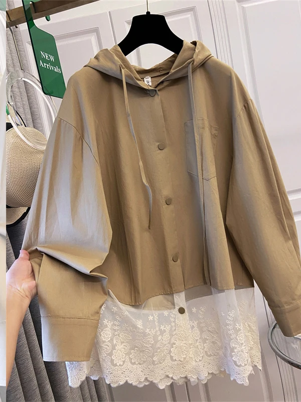 

High-End Lace Patchwork Hooded irt Women's Loose Outerwear Top Autumn New Sle Ele Fene Long Sve Button Closure