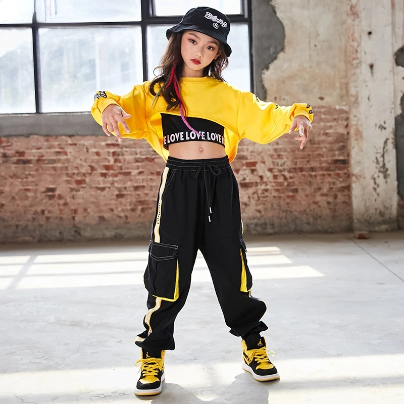 Hip Hop Girls Crop Top Contrast Street Dance Cargo Pants Children Sweatshirt Joggers Kids Streetwear Jazz Costumes Clothes Sets