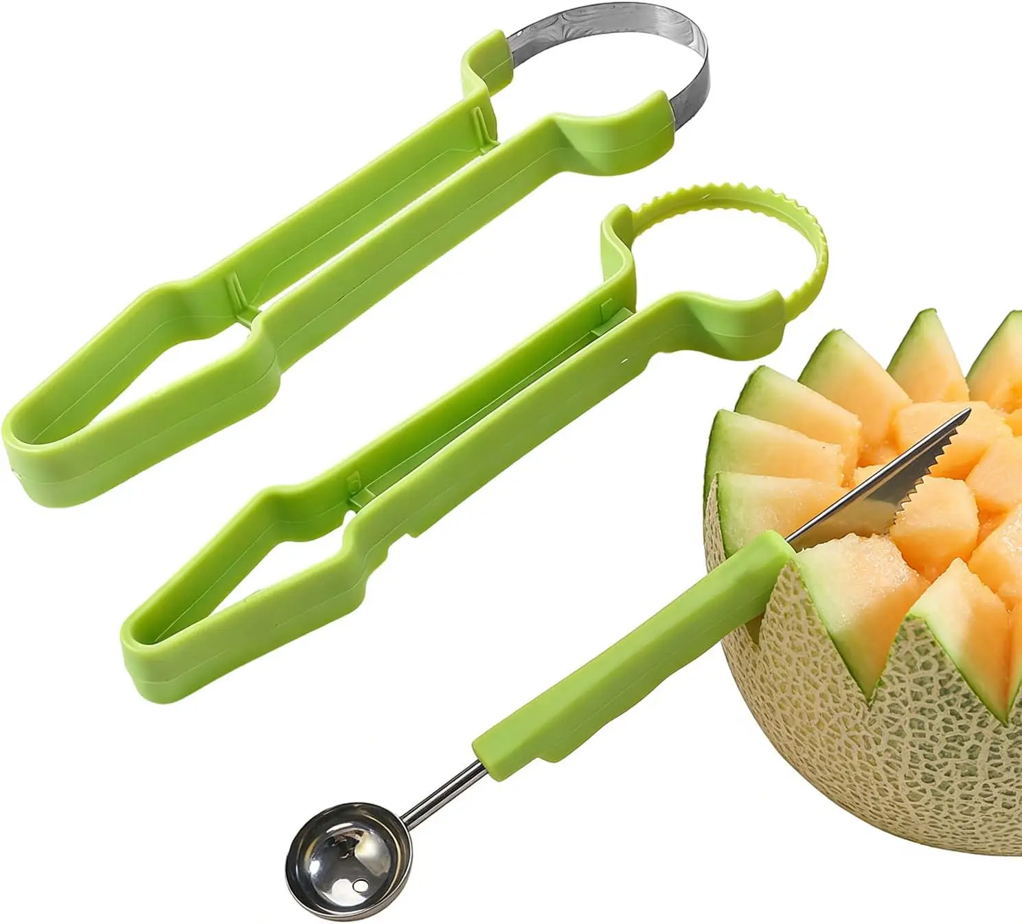 Juego de 4 en 1: Cuchara para Bolas de Melón de Acero Inoxidable, Cortador de Frutas, Cuchara para Sandía, Raspador y Herramienta para Decorar Cócteles, Ensaladas, Postres y Fiestas