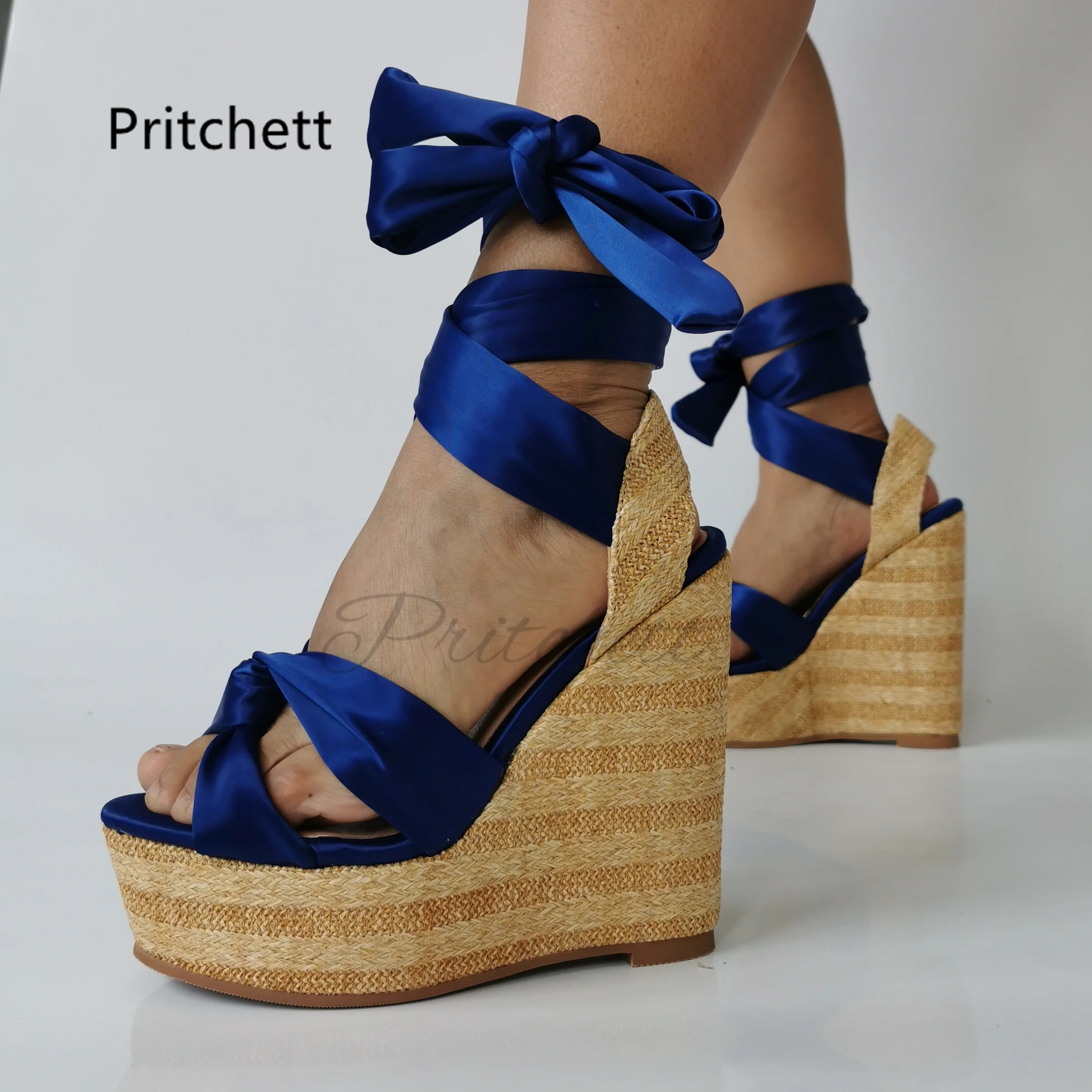 

Wedges Blue Satin Strappy Sandals for Women Cross Strap Platform High Heels Sandals Summer Elegant Catwalk Show Shoes Lady
