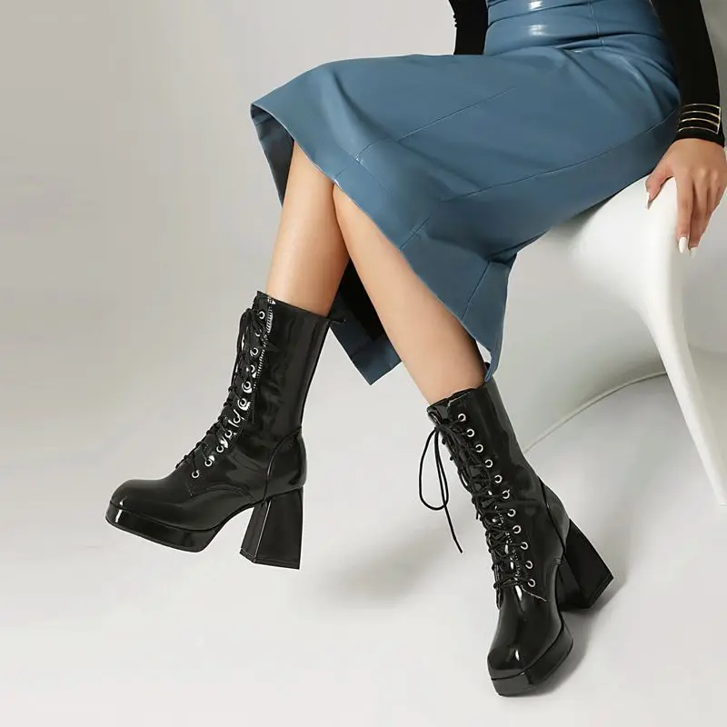 

ORCHA LISA Women's Shiny Mid Calf Motorcycle Boots Square Toe 2cm Platform 9cm Block Heel Lace Up Plus Size 47 48 Daily Style