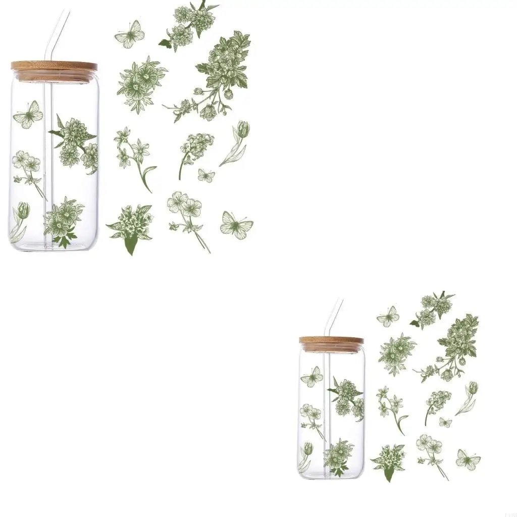 F19B Waterproof Sticker Fit Glasswares Green Flower Butterfly DTF Transfer Labels For Personalizing Drinkware Decoration