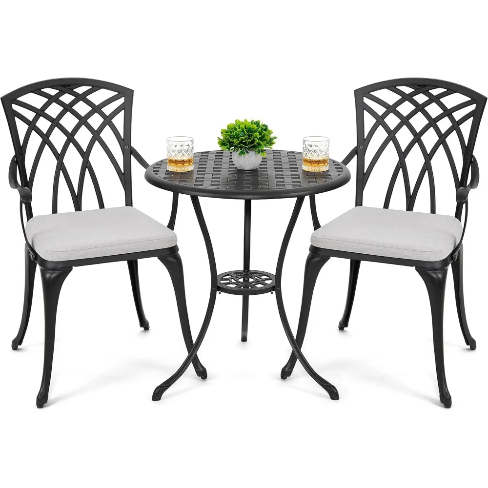 

Bistro Set 3 Piece Outdoor Cast Aluminum Patio Bistro Set Patio Table and Chairs Set of 2 with Umbrella Hole and Gray Cushions