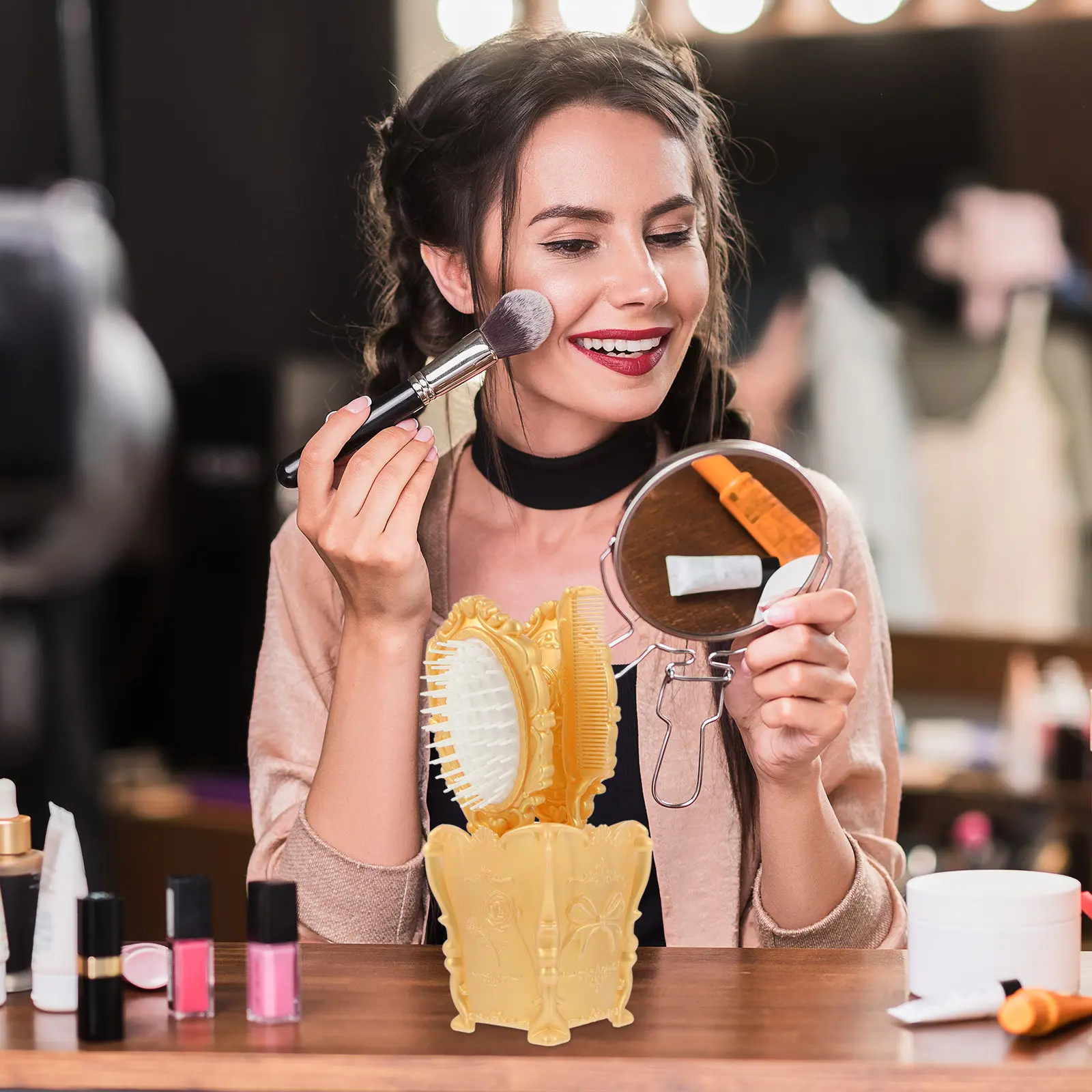 

5Pcs Makeup Mirror Comb Set Salon Hair Brush Detangling Paddle Brush Storage Holder Desktop Bedroom Dresser Vanity