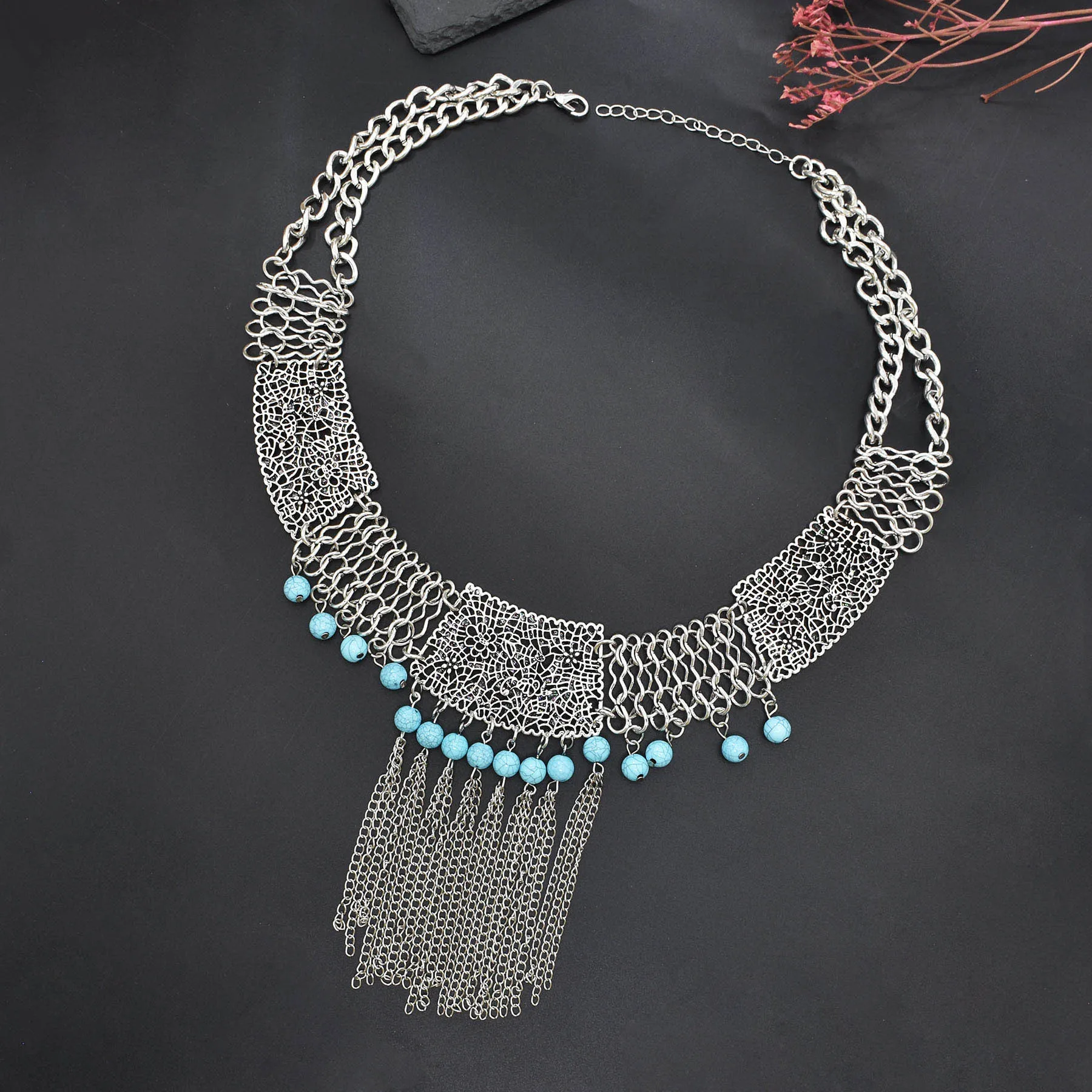 Vintage Gypsy Afghan Ethnic Long Chains Choker Necklace for Women Silvery Alloy Hollow Moon Turquoise Beads Necklaces Jewelry