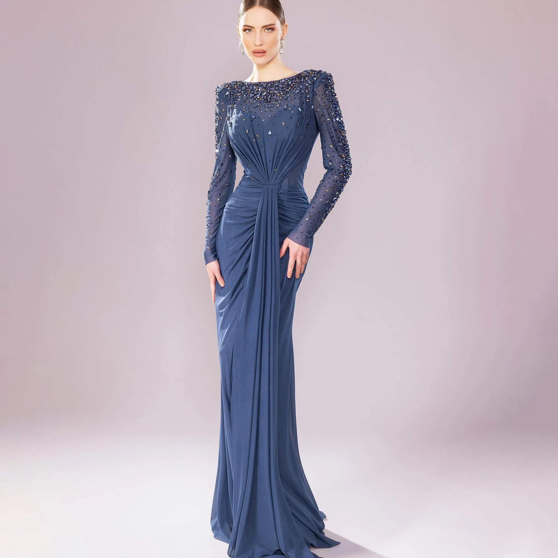 Sharon Said Turquoise avondjurk met lange mouwen zeemeermin kralen gedrapeerde Arabische formele feestjurken SS565 aangepast