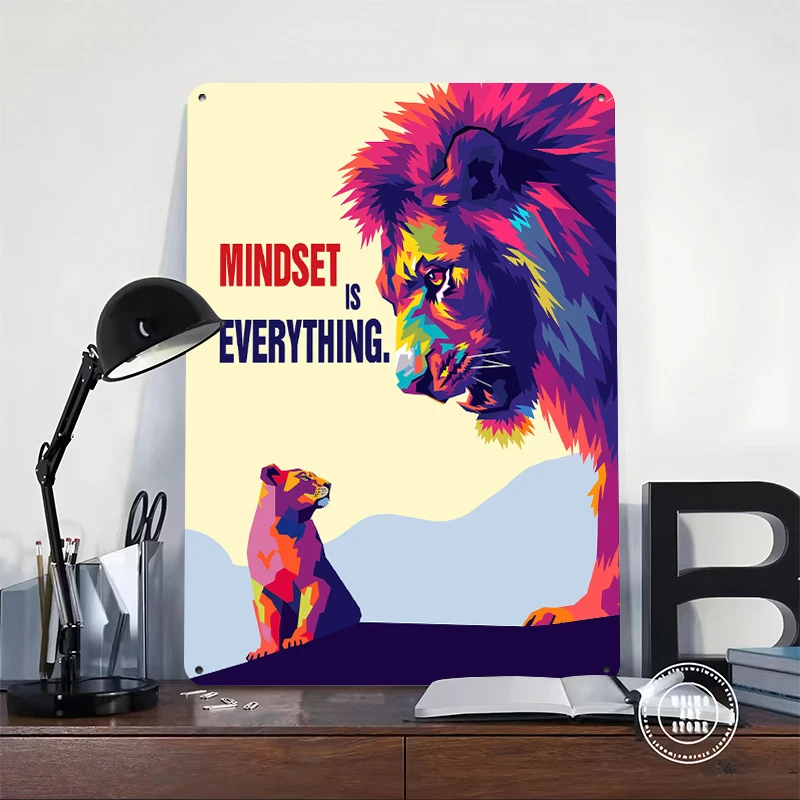 Mindset Is Everything: Lion and Cub Metal Poster Customized Wall Art Retro Vintage Metal Signs for Man Cave Bathroom Decor Room