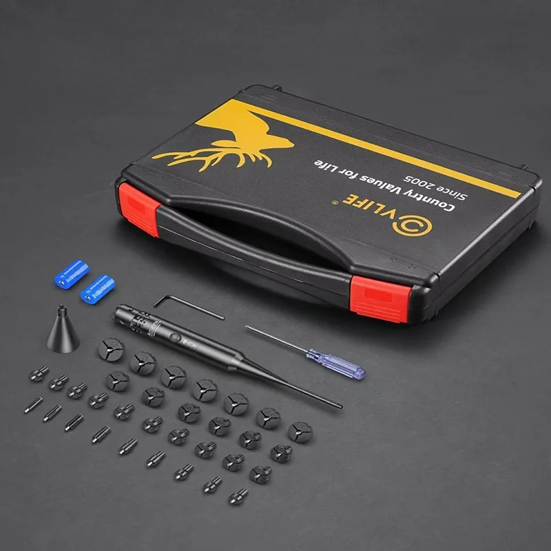 

Professional Red Laser Bore Sight Kit 32 Adapters 0.17 to 12GA Calibers Button Switch Hunting