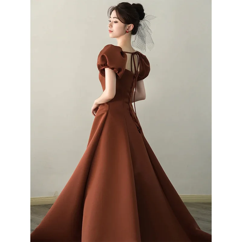 New Bubble Sleeve Satin Evening Dress Temperament French Luxury Wedding Toast Bride Dresses Banquet Square Neck Evening Dress