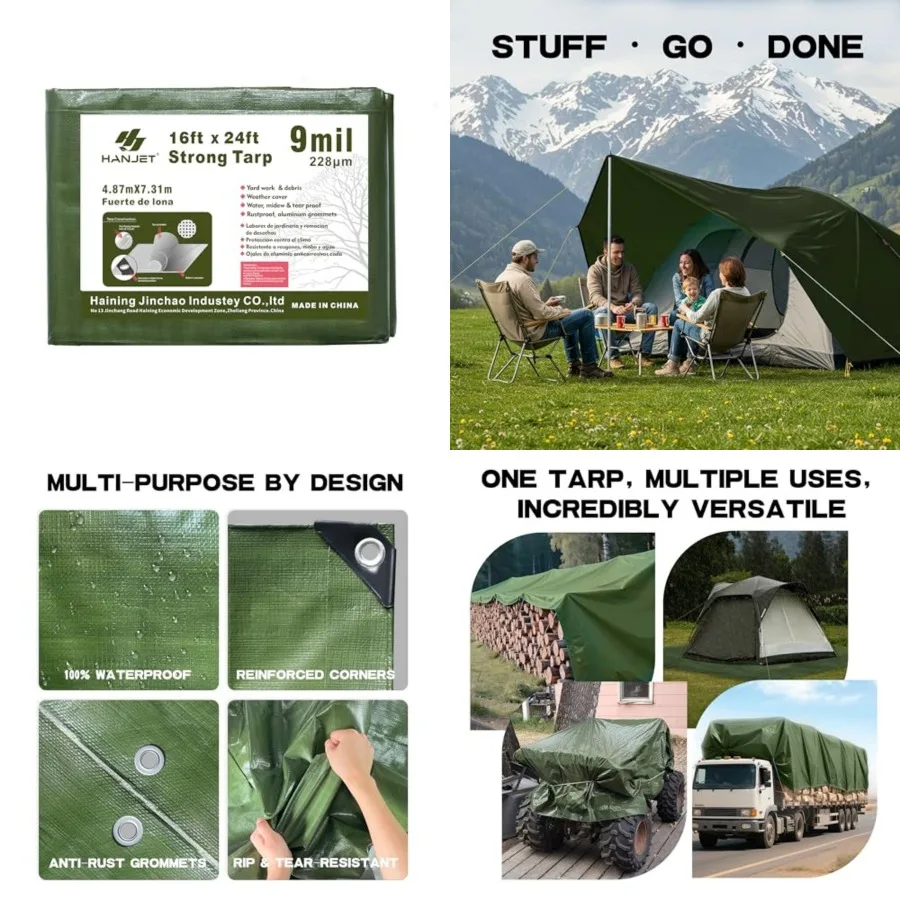 

Heavy Duty Tarp 16' x 24' 9-mil Waterproof Poly Reinforced Tarp Cover Tent Shelter Camping Tarpaulin with Grommets Forest Green