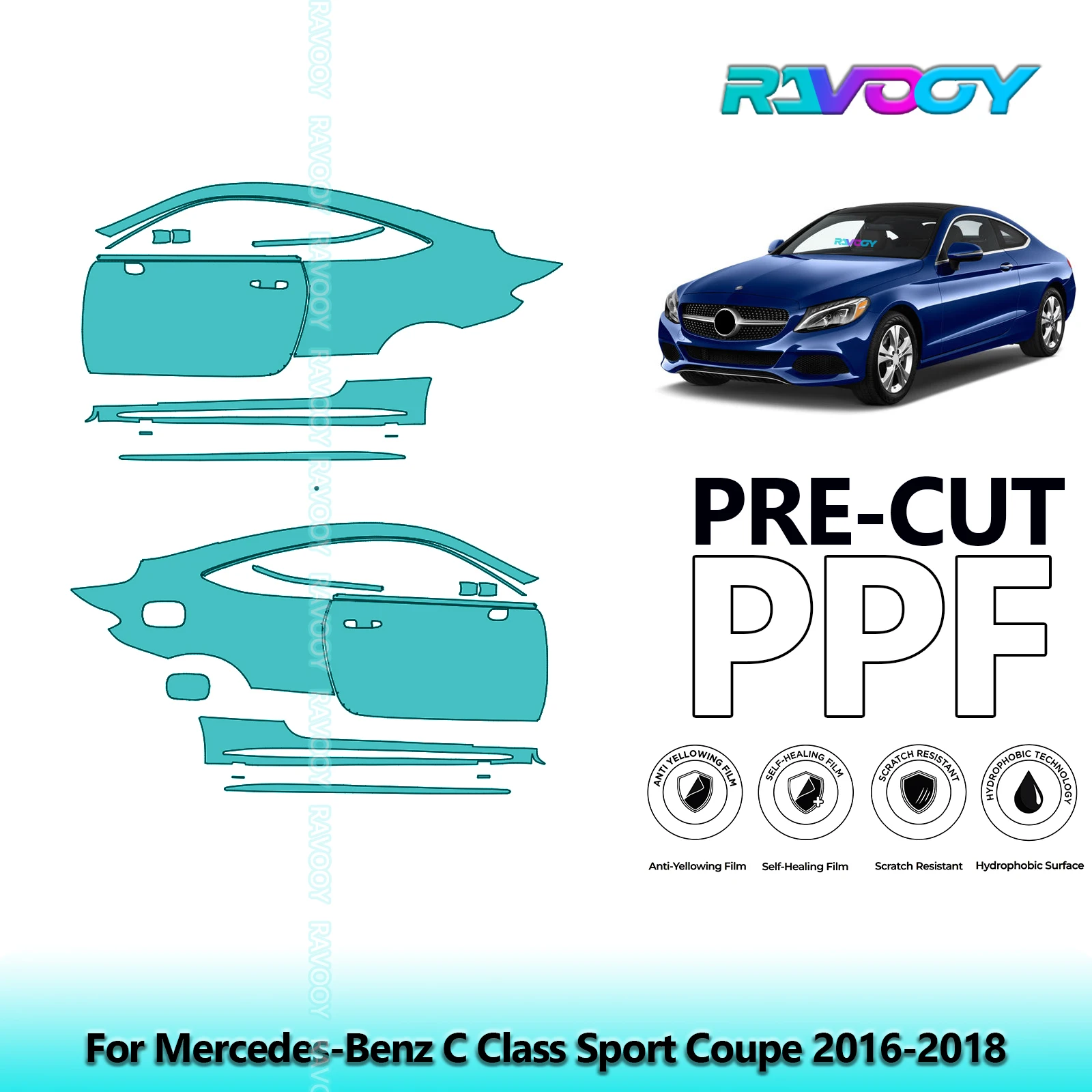 

For Mercedes-Benz C Class Sport Coupe 2016-2018 8.5mil Pre-Cut PPF Door & A/B Pillar Kit TPU Paint Protection Film Set