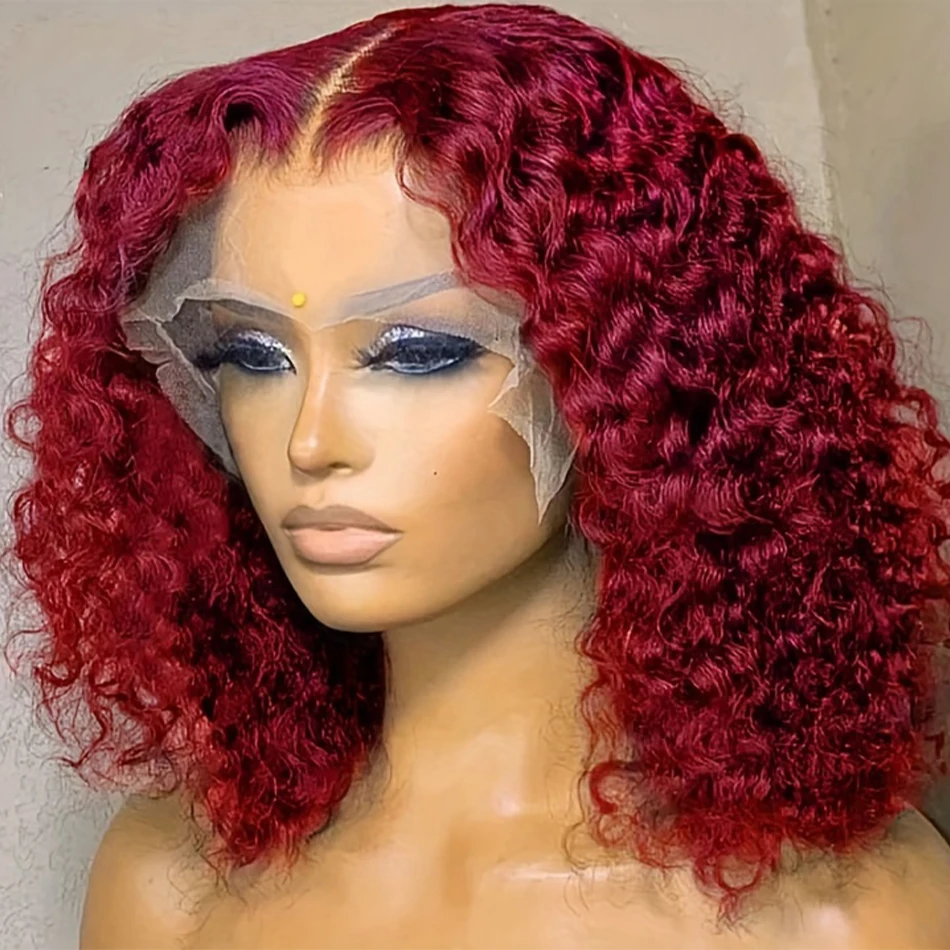 #​​99J Burgundy 13x4 Short Curly Human Hair Bob Wigs Deep Wave Lace Front Human Hair Wigs Brazilian Virgin Human Hair Curly Wigs