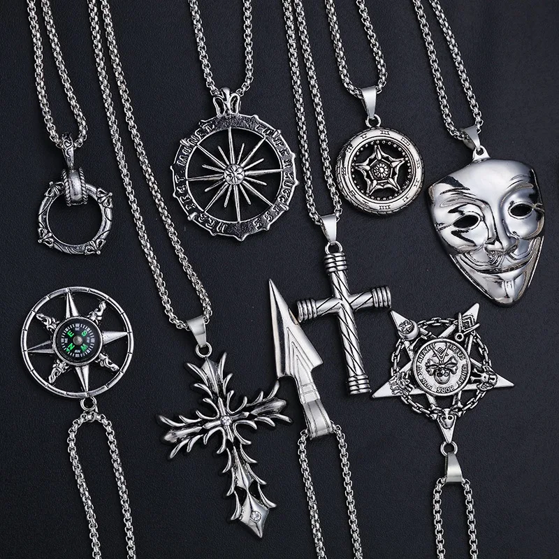 Mask Necklace Spearhead Cross Pendant Fashion Charm Sun Compass Skeleton Pentagram Sweater Chain Jewelry For Men Women Gifts