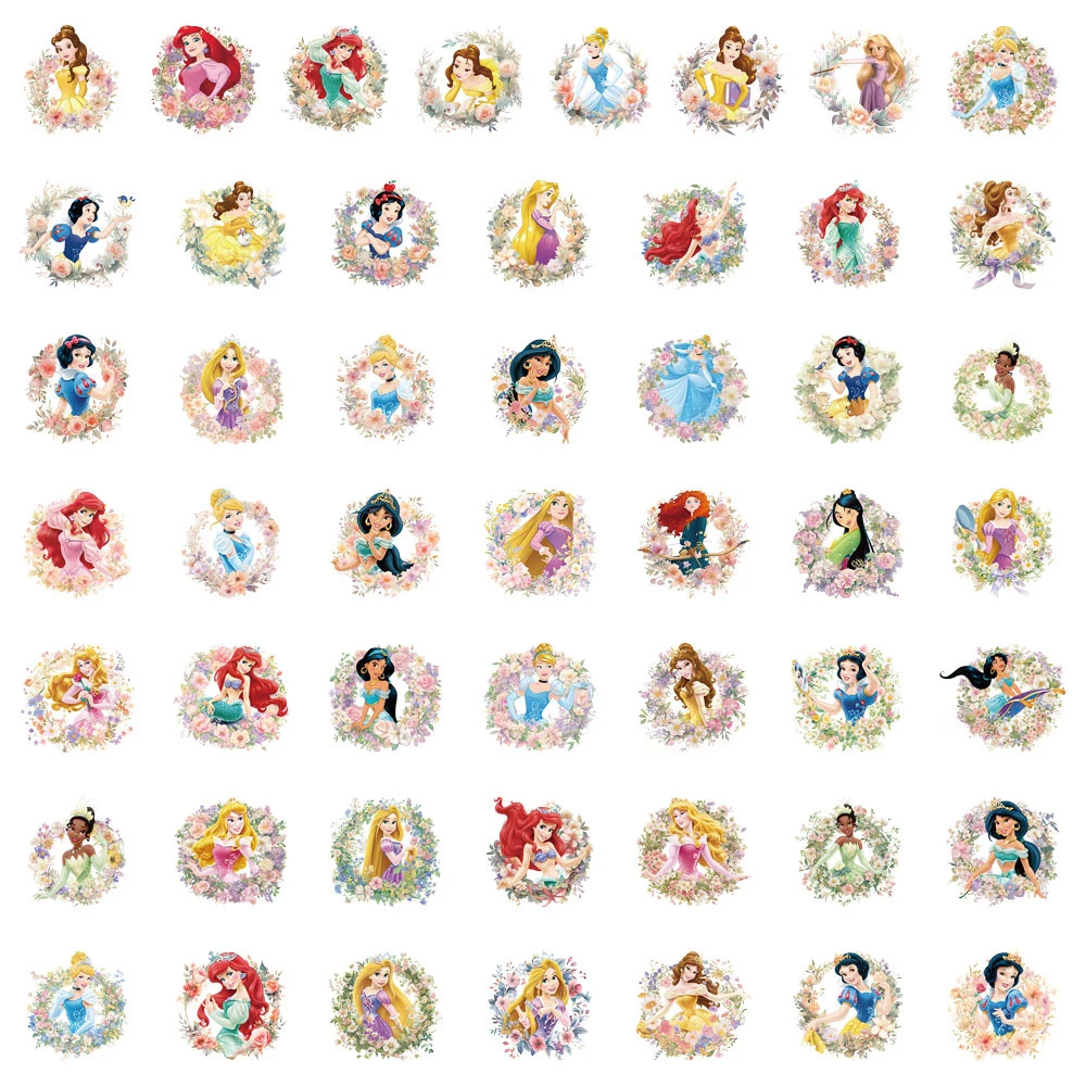 50 Stück transparente Disney-Prinzessinnen-Blumenaufkleber, niedliche Cartoon-Aufkleber mit Rapunzel, Ariel und Belle, für Laptop, Gepäck, Telefon, PET-Aufkleber-Set – Detail 6