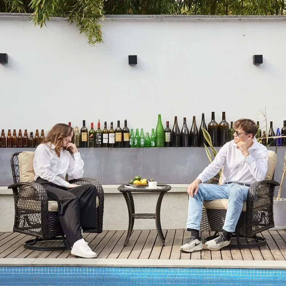 3 Pieces Patio Furniture Set Outdoor Swivel Glider Rocker Wicker Patio Bistro Set with Rocking Chair Thickened Cushion and Table