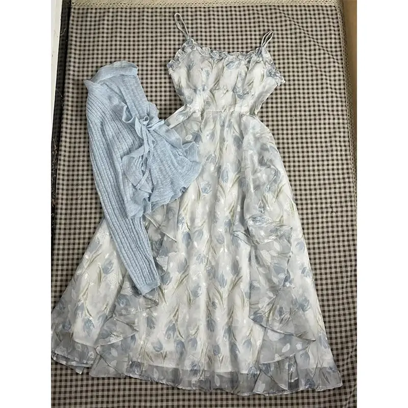 Ele الأزهار طباعة Strapl Dr المرأة الصيف جديد Sle طويل Sve سترة ملابس خارجية قطعتين مجموعة التخسيس إخفاء