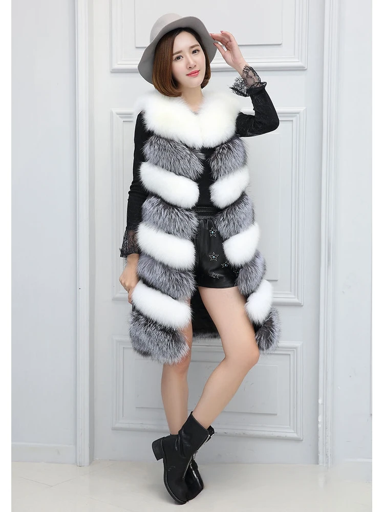 الرجعية الأزياء الحد الأدنى أبيض رمادي لصق فو الفراء سترة طويلة رقيق أفخم الحلو مريحة السلس الشتاء التنقل ملابس خارجية