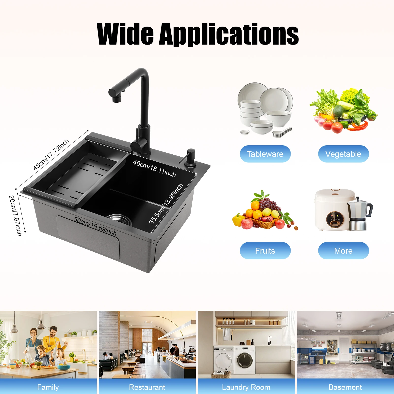 

Black Kitchen Sink with Pull-out Faucet, Internal Large Size (18.11*13.98in) Efficient Drainage for Home Restaurant Laundry Bar