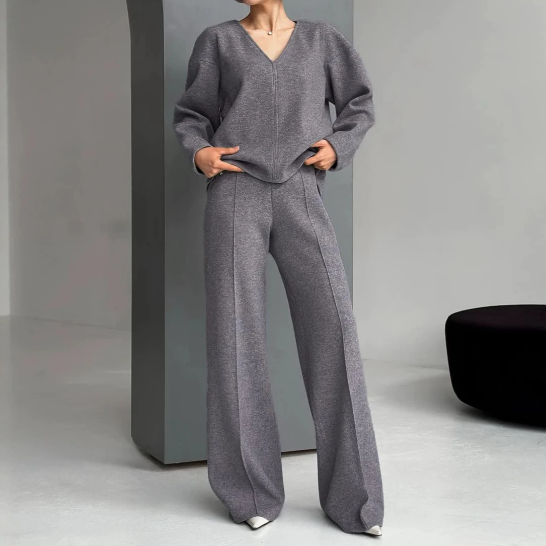 Pant Set Women Two Piece Sets V Neck Full Sleeve Casual Loose Top Wide Leg Long Pants Elastic Waist Y2k Streetwear Elegant 2026