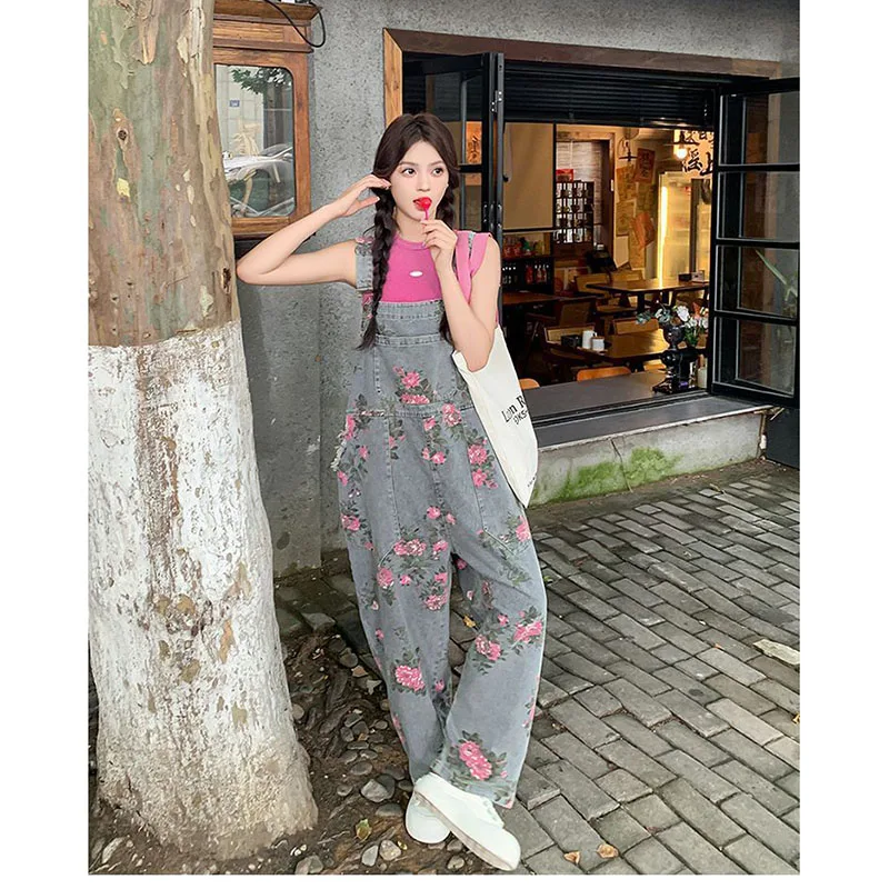 Damesmode Retro bedrukt denim slabbetje Dames zomer nieuw ontwerp gevoel leeftijdverminderende losse en comfortabele wijde pijpen broek