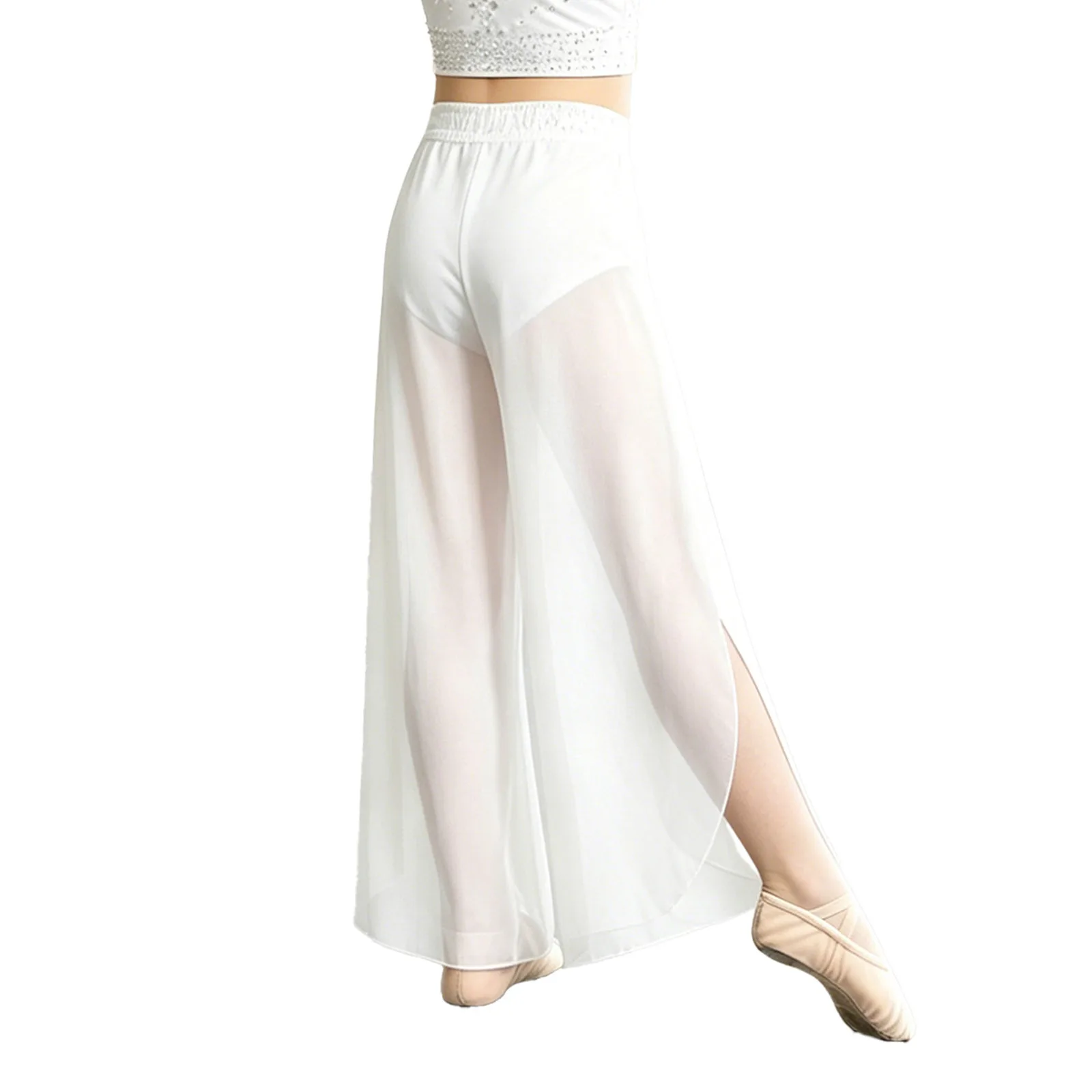 Kid Girls Lyrical Dance Pants Shiny Rhinestone Waistband Side Split Mesh Leotard Ballet Skating Gymnastic Contemporary Dancewear
