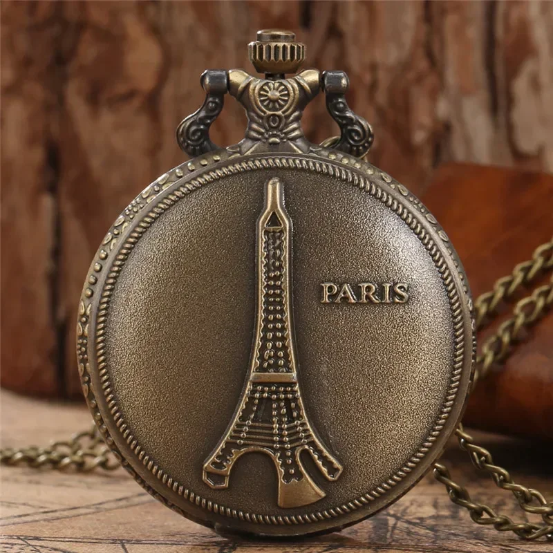 Antique Paris Tower Design Men Women Quartz Analog Pocket Watch Full Hunter Clock Sweater Necklace Chain Souvenir Reloj