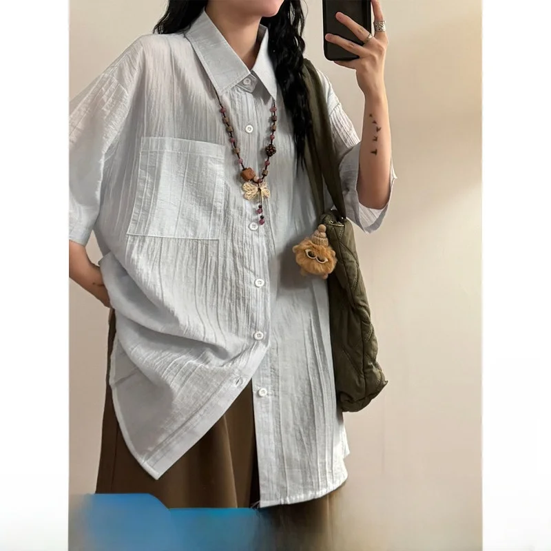 

UATONLINE2026 Summer Loose Texture Folded Lightweight Breathable Color Short Sleeve Trendy Brand Shirt Women's Fashion