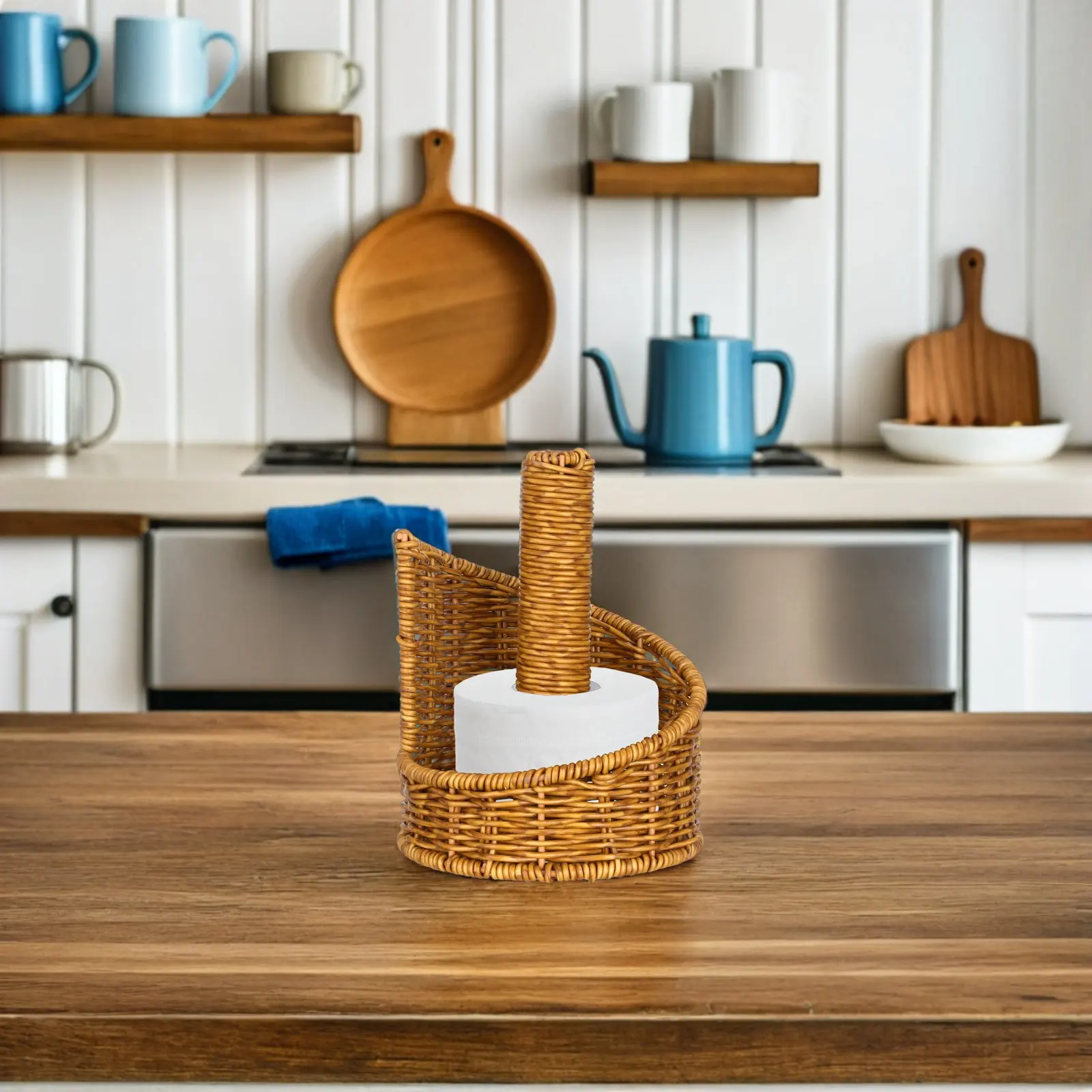 Freestanding Rattan-Style Toilet Paper Holder – Bathroom Tissue Organizer with Decorative Roll Storage Stand