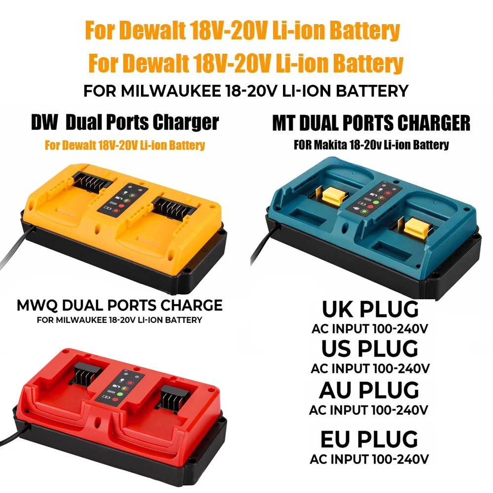 

NEW Portable Dual Ports Charger For Dewalt /Makita /Milwaukee 18V-20V Lithium Battery Rechargeable