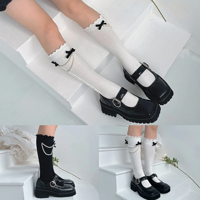 Women Gothic Frilly Ruffled Calf Socks Bowknot Pearl Chain Rib Stockings Dropshipping