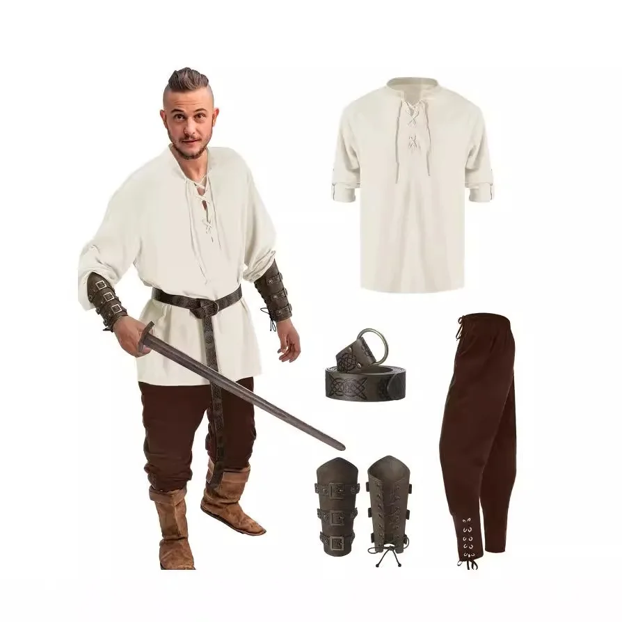 

4-Piece Halloween Men's Renaissance Costume Set Medieval Pirate Shirt Ankle Strap Pants