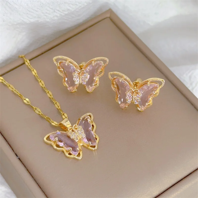 Fashion European and American Cute Micro-inlaid Butterfly Necklace Earrings Set Classic Light Luxury Transparent Stainless Steel