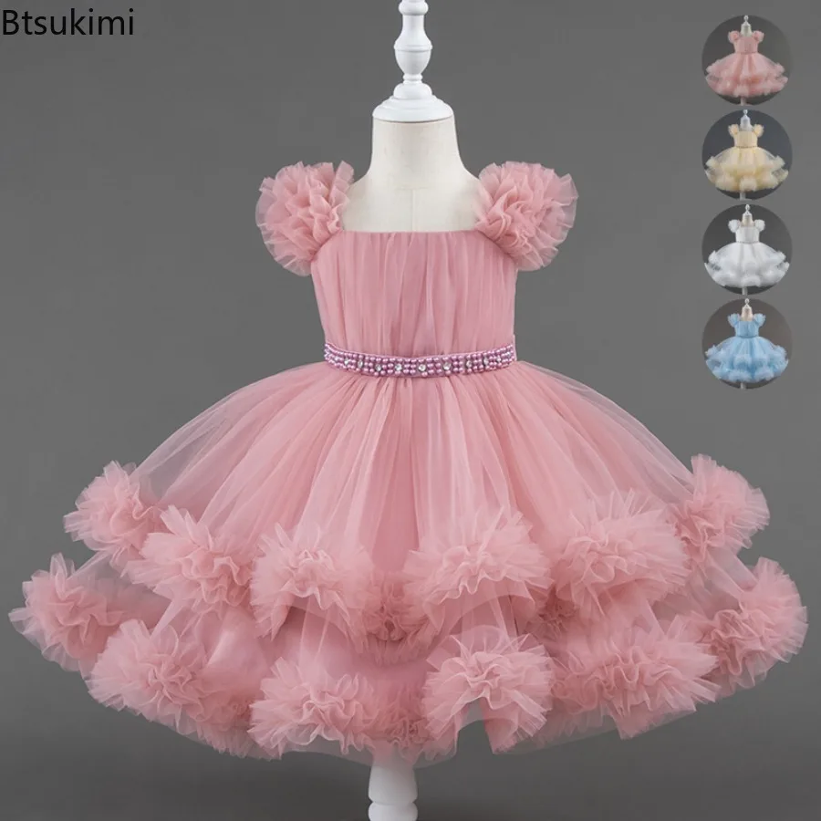 Neues süßes Prinzessinnenkleid für den Sommer, einfarbig, ärmellos, aus Mesh, flauschiges Kleid für Mädchen von 0-8 Jahren, Geburtstagsfeier, Abendkleid, Ballkleid