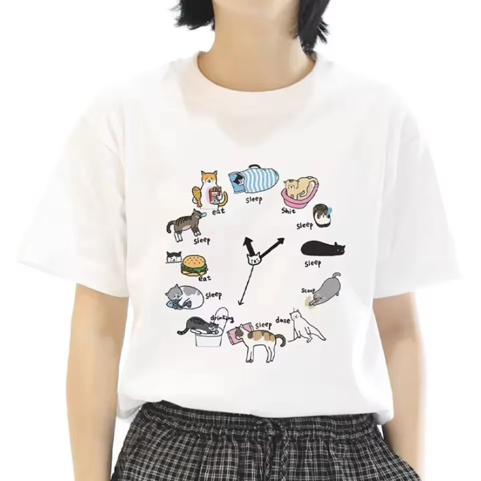 Unisex Funny Cats Clock Print T-Shirt Cotton Short Sleeve Loose Graphic Top Tees Ins Fashion Cute Women Tee view 2