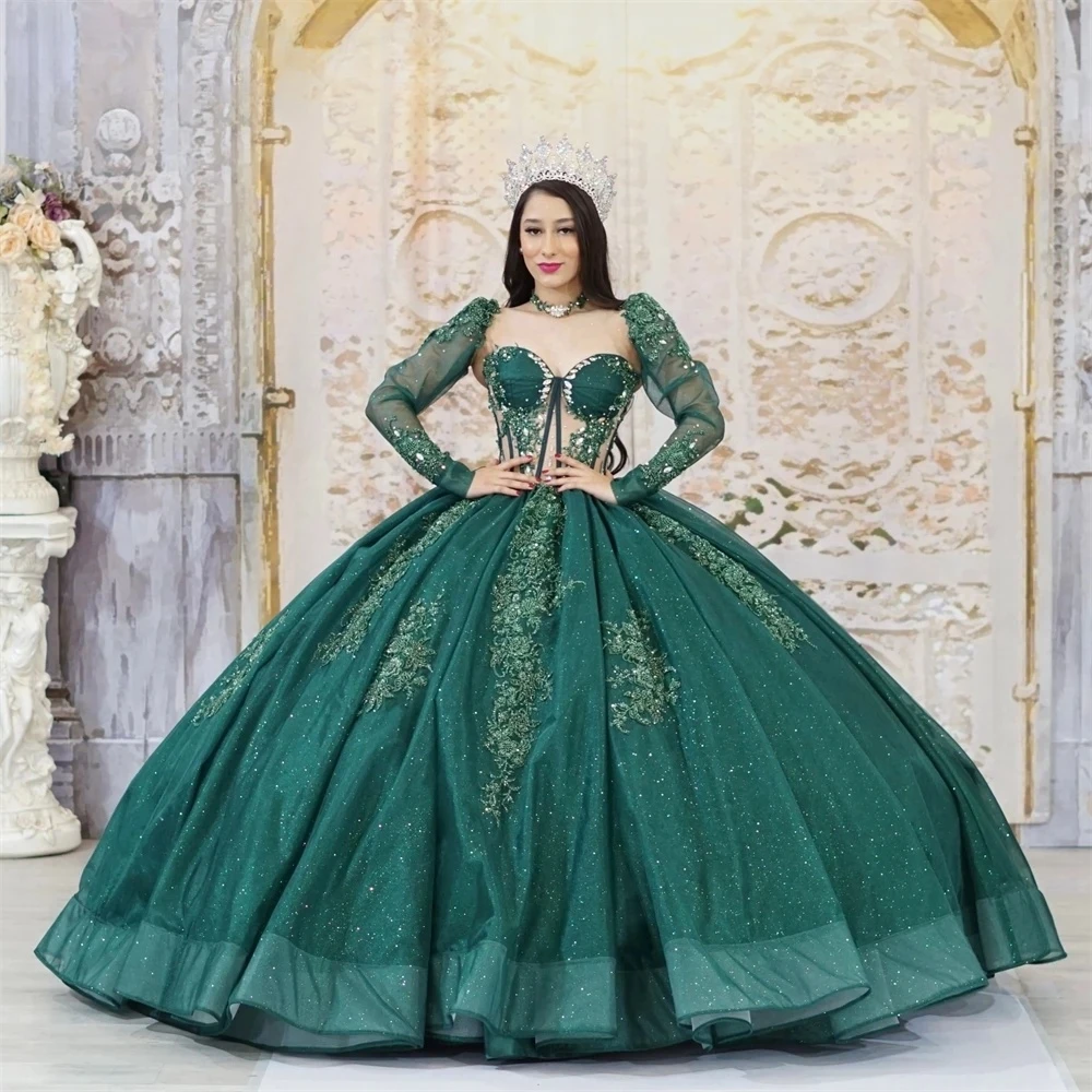 Vestidos de princesa verde para quinceañera, vestido de baile de manga larga, apliques brillantes, dulce 16, 15 Años, mexicano