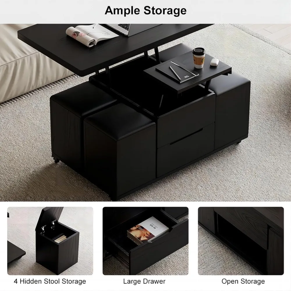 Lift-Top Coffee Table with Hidden Storage, Multifunctional 3-in-1 Modern Coffee Table with 4 Stools and Lockable Wheels