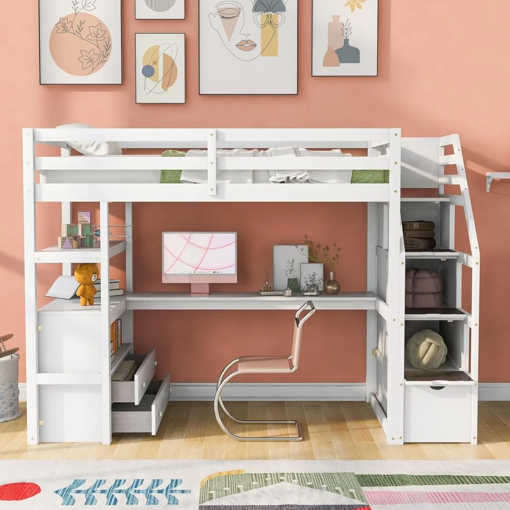 Full Loft Bed with Stairs and Desk, 2 Drawers and Bookcase, Multi-Functional Loft Bed Frame with Storage Stairs White