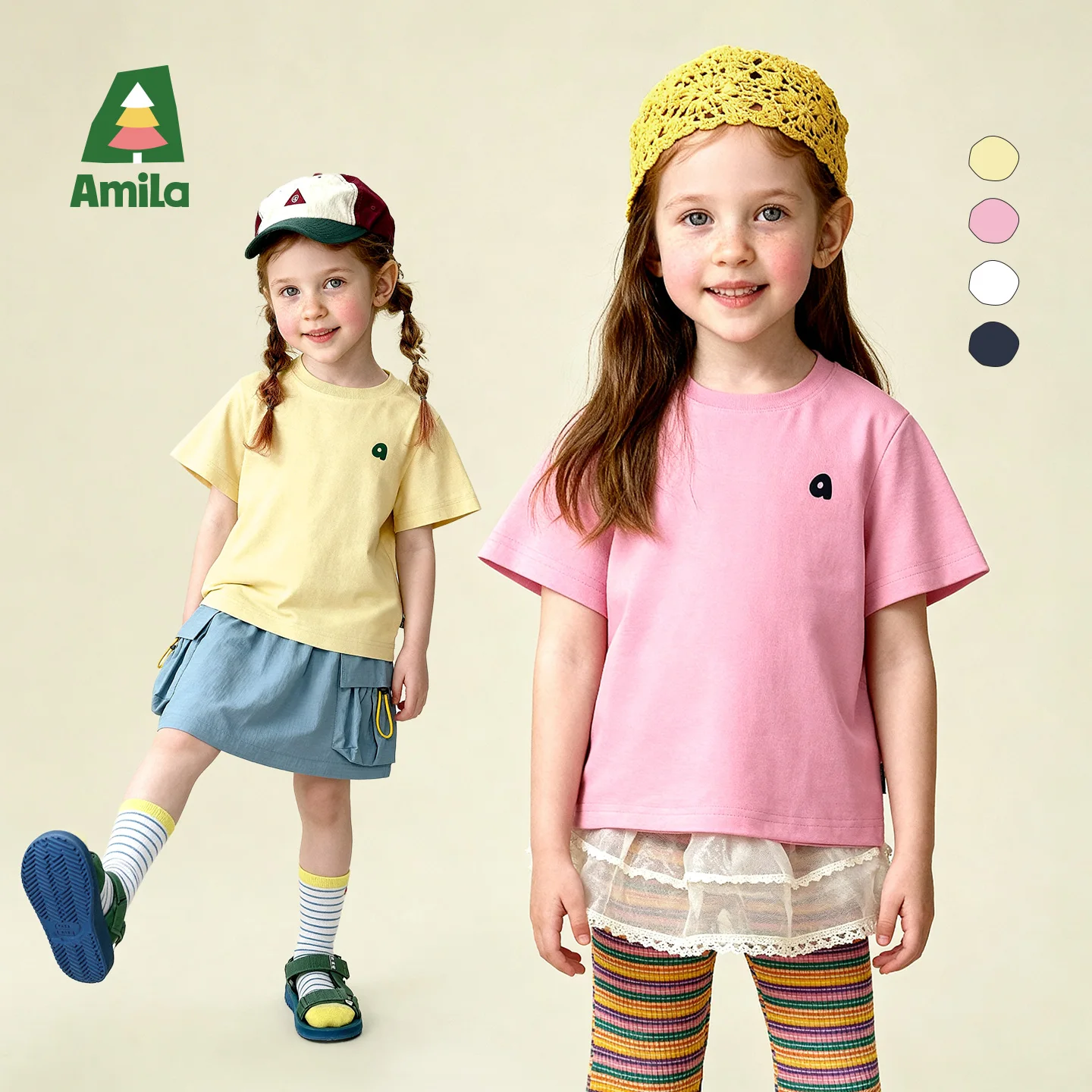 Amila 2026 Summer New Arrival Kids' Solid-Color Short-Sleeve T-Shirt, Loose, Breathable, And Refreshing For Daily Wear